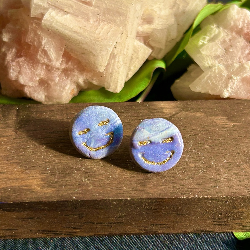 Purple Smiley Face Stud Earrings with Gold Flake Accent